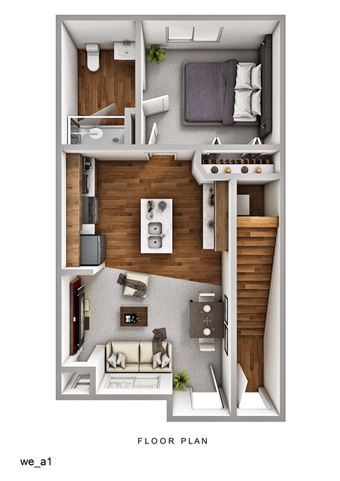 A floor plan of a small apartment with a kitchen, living room, and bathroom.